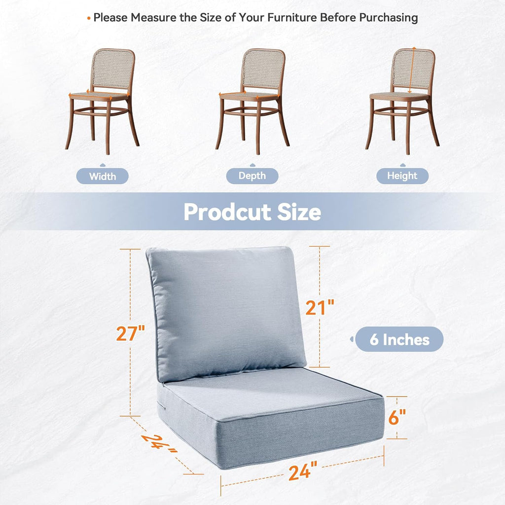 Luxury 6' Outdoor Cushions for Patio Furniture, 24x24x6' Thick Seat Cushion Set, Fade Resistant Couch Chair Replacement Cushions High Density Deep Wicker Chair Cushion with Removable Cover Baby Blue