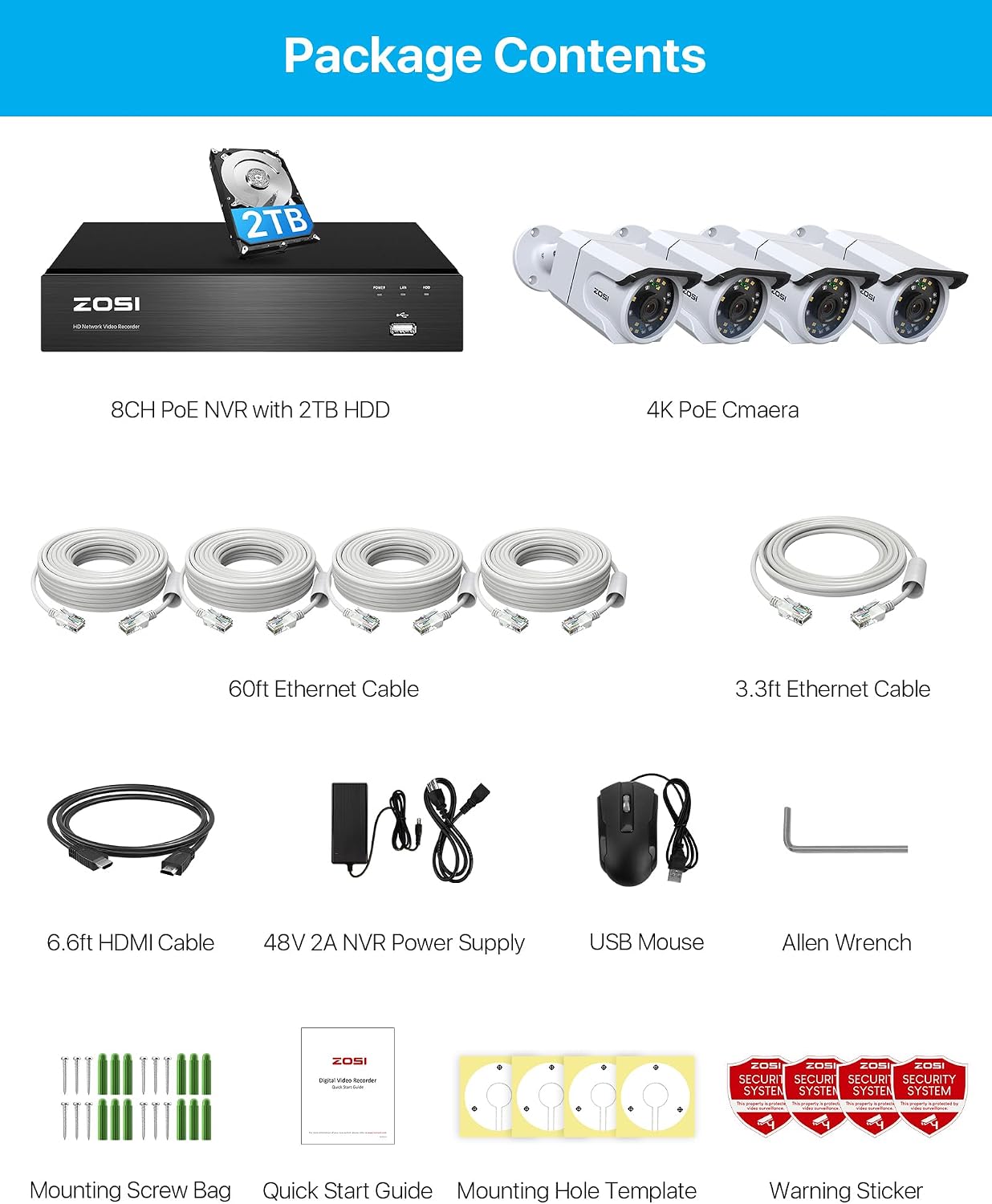 ZOSI 8CH 4K PoE Security Camera System with Audio, 4pcs 8MP Outdoor Indoor PoE Cameras, Color Night Vision, Human Detection, Spotlight Siren, 4K 8Channel CCTV NVR with 2TB HDD for Home 24/7 Recording