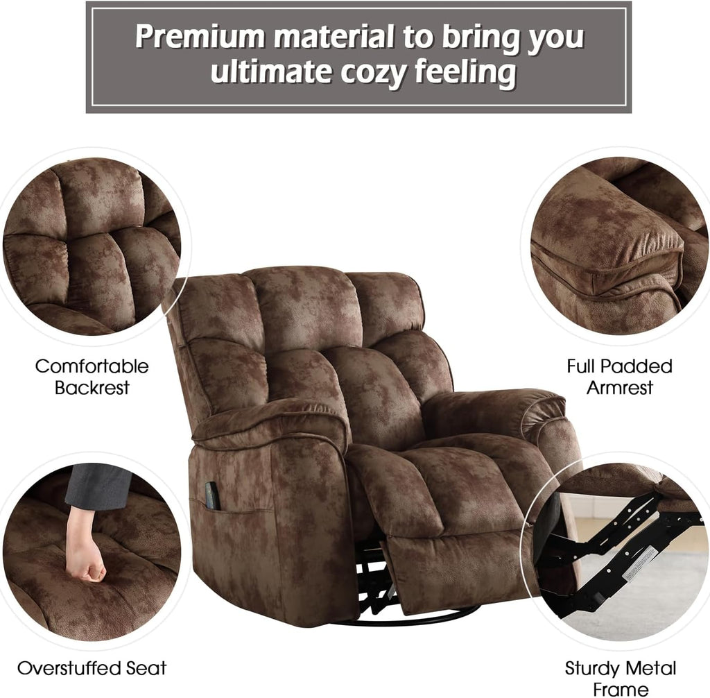 INZOY Oversized Rocker Recliner with Heat and Vibration, Manual Swivel Rocking Chair with Vibrating Massage, Comfy Padded Overstuffed Soft Fabric Heated Recliner, Brown