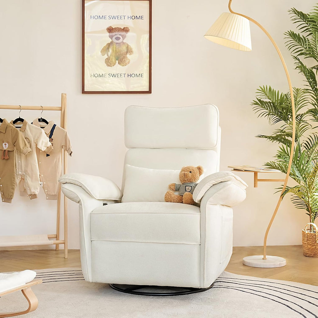 HULALA HOME Nursery Glider Recliner with Adjustable Headrest and Armrests, Modern Power Swivel Rocker Recliner Chair with USB Port and Storage Bags, GREENGARD, FSC, CertiPUR-US® Certified, Ivory