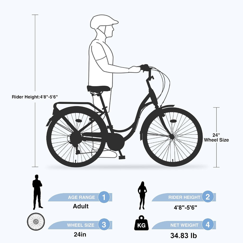 24/26 Inch Girls Cruiser Bike 24/26 Inch Beach Cruiser Bike for Women，City Hybrid Bike 7 Speeds Bicycle Commuter Bike for Women Men,High-Carbon Steel Frame，Multiple Colors