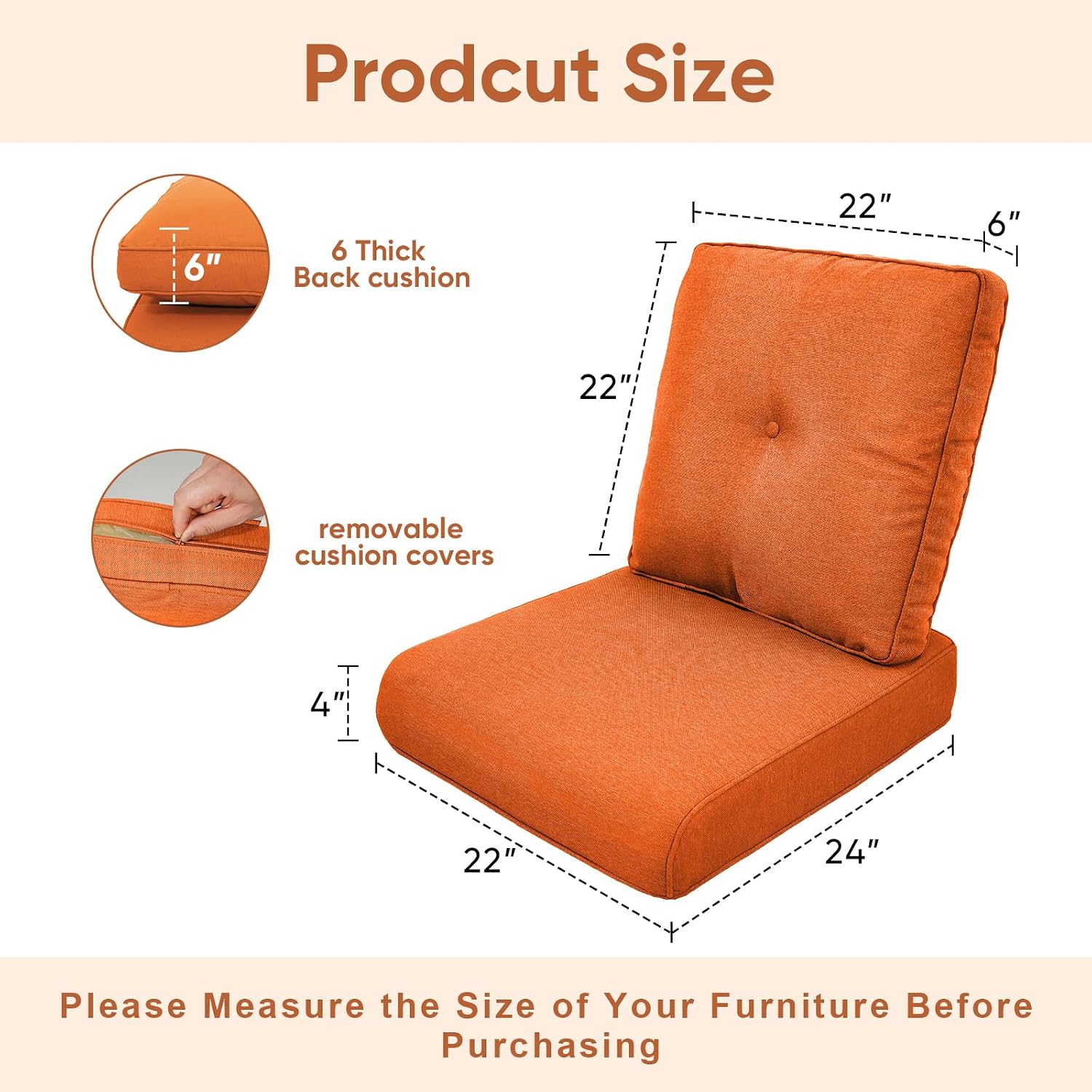 Outdoor Wicker Chair Cushions 2 Packs - Outside High Back Thick Water-Resistant Cushion 22x24 with Zipper Cover for Patio Glider Rocking Chairs Loveseat Couch – Orange/Buckle