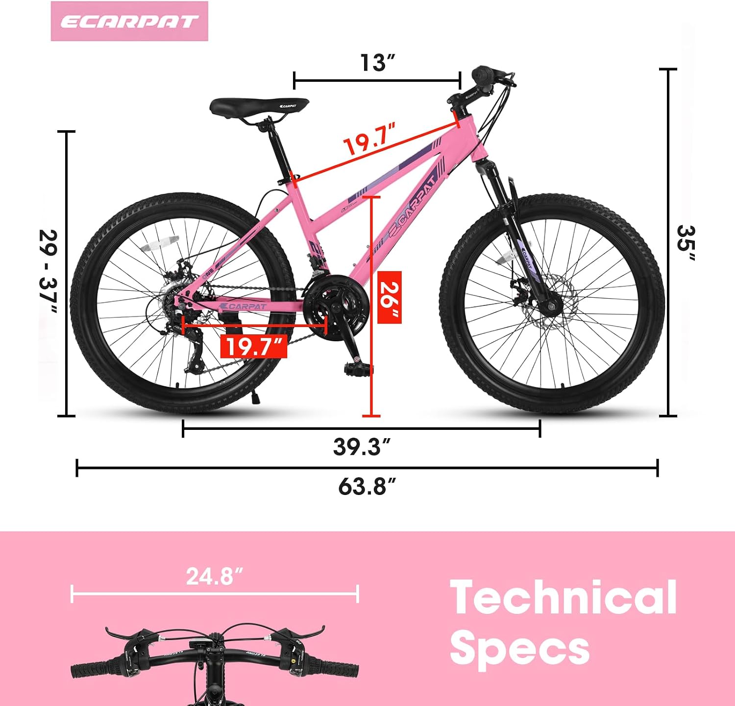 Ecarpat 24 26 Inch Women Girls Mountain Bike, Disc/V Brakes 21 Speeds Women Bike, Sturdy Steel Frame and Suspension Fork, Stylish Adult and Teens Bicycle for Urban Trail Snow Commuter