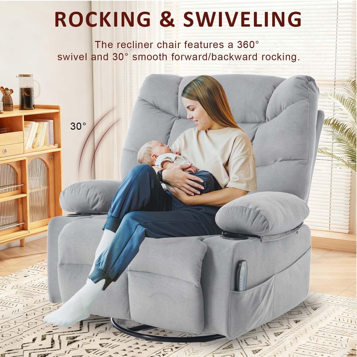 KCQ Swivel Rocker Recliner Chair with Massage and Heat, Fabric Heated Reclining Chairs Manual Recliner with Cup Holder for Adults, Nursery Rocking Glider Chair, Grey