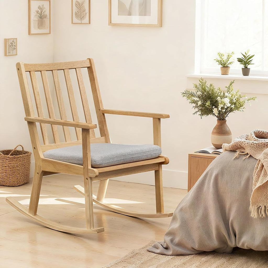 Giantex Rocking Chair with Cushion, Solid Rubber Wood Rocker w/Slatted High Back & Padded Seat, Indoor Rustic Accent Armchair for Living Room, Bedroom, Study, Nursery, Patio, Natural (2)