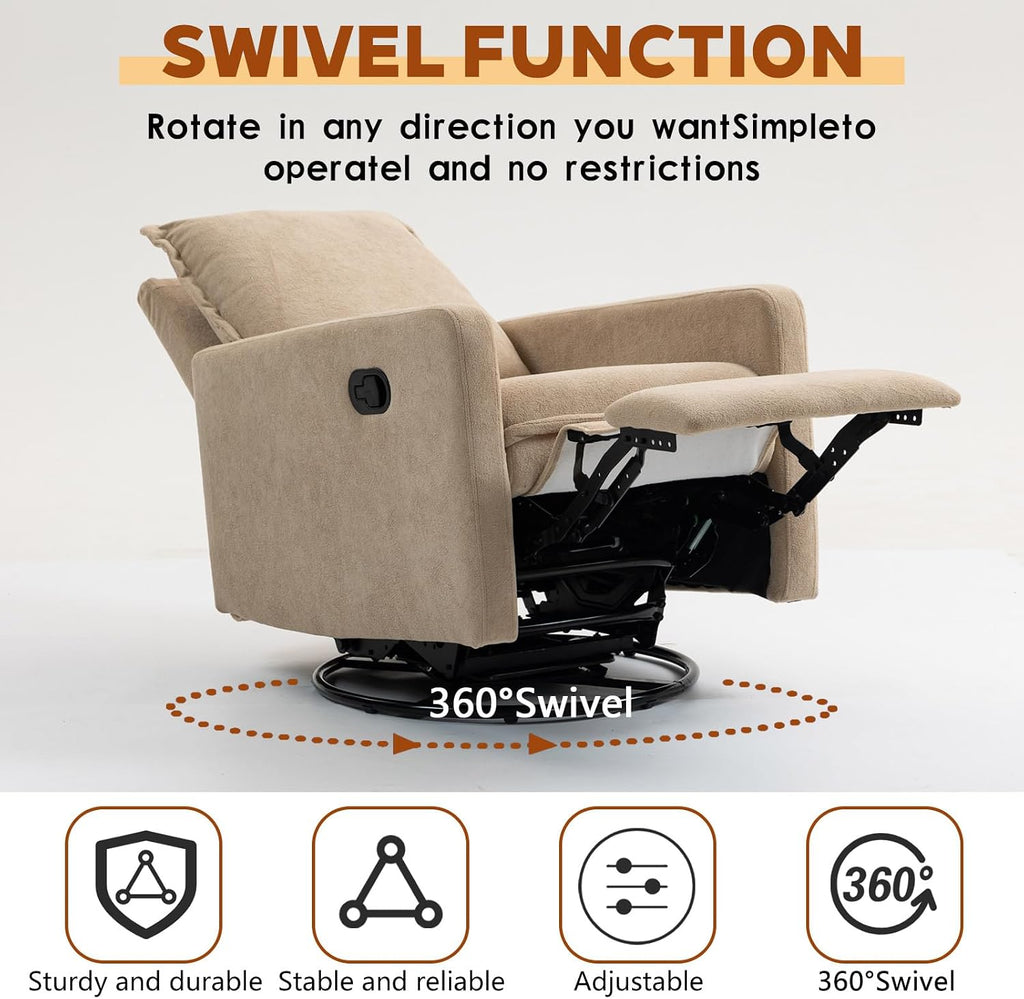 Rocker Recliner Chair for Adults, Swivel Rocker Recliner Chairs with Armrests, Glider Recliner Nursery Chair with Black Metal Base, Small Recliners for Small Spaces, Living Room (Camel)