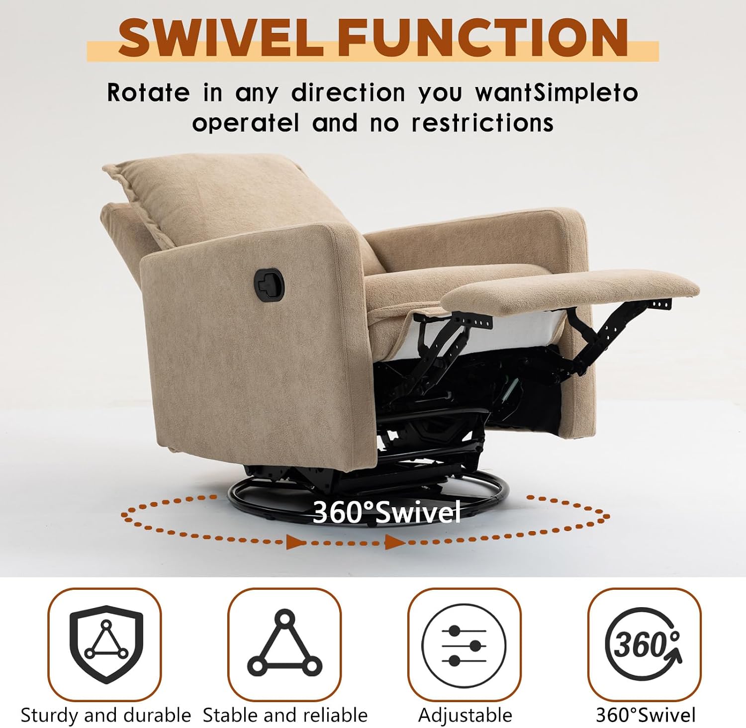 Rocker Recliner Chair for Adults, Swivel Rocker Recliner Chairs with Armrests, Glider Recliner Nursery Chair with Black Metal Base, Small Recliners for Small Spaces, Living Room (Camel)