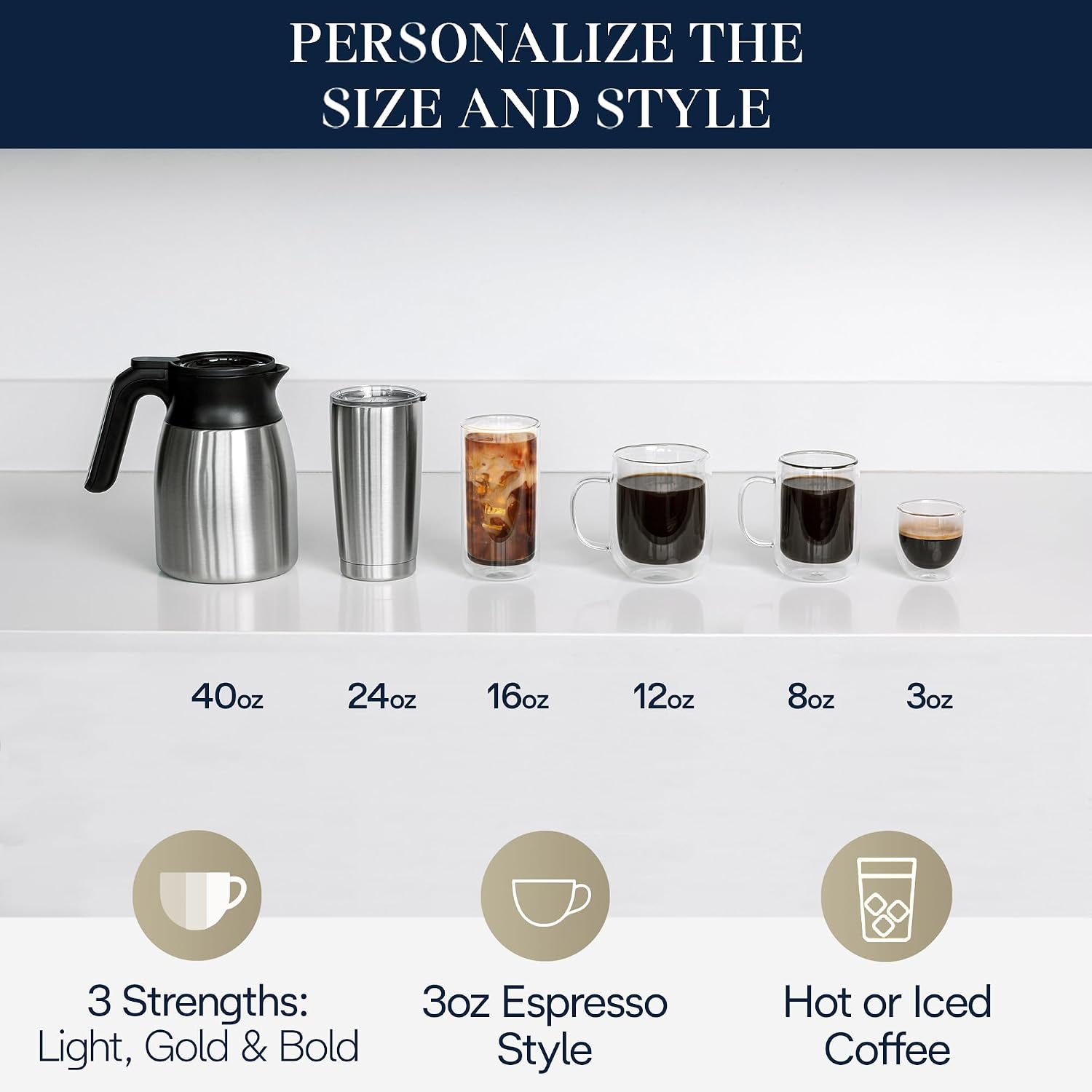 De'Longhi TrueBrew Drip Coffee Maker, Built in Grinder, Single Serve, 8 oz to 24 oz with 40 oz Carafe, Hot or Iced Coffee, Stainless,CAM51035M, Silver/Black