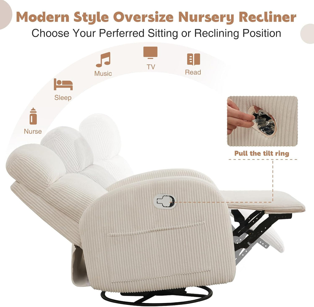 Swivel Recliner Rocker Nursery, Nursering Glider Recliner, Manual Swivel Rocking Reclining with Double Pockets for Living Room, Corduroy Cream White