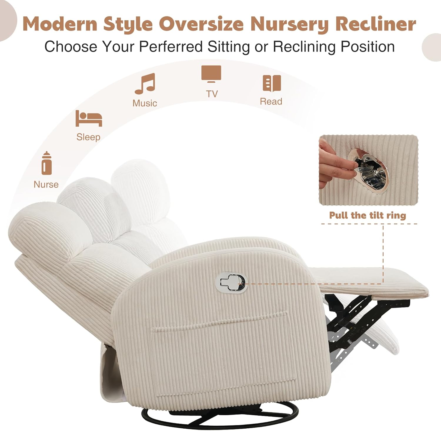 Swivel Recliner Rocker Nursery, Nursering Glider Recliner, Manual Swivel Rocking Reclining with Double Pockets for Living Room, Corduroy Cream White