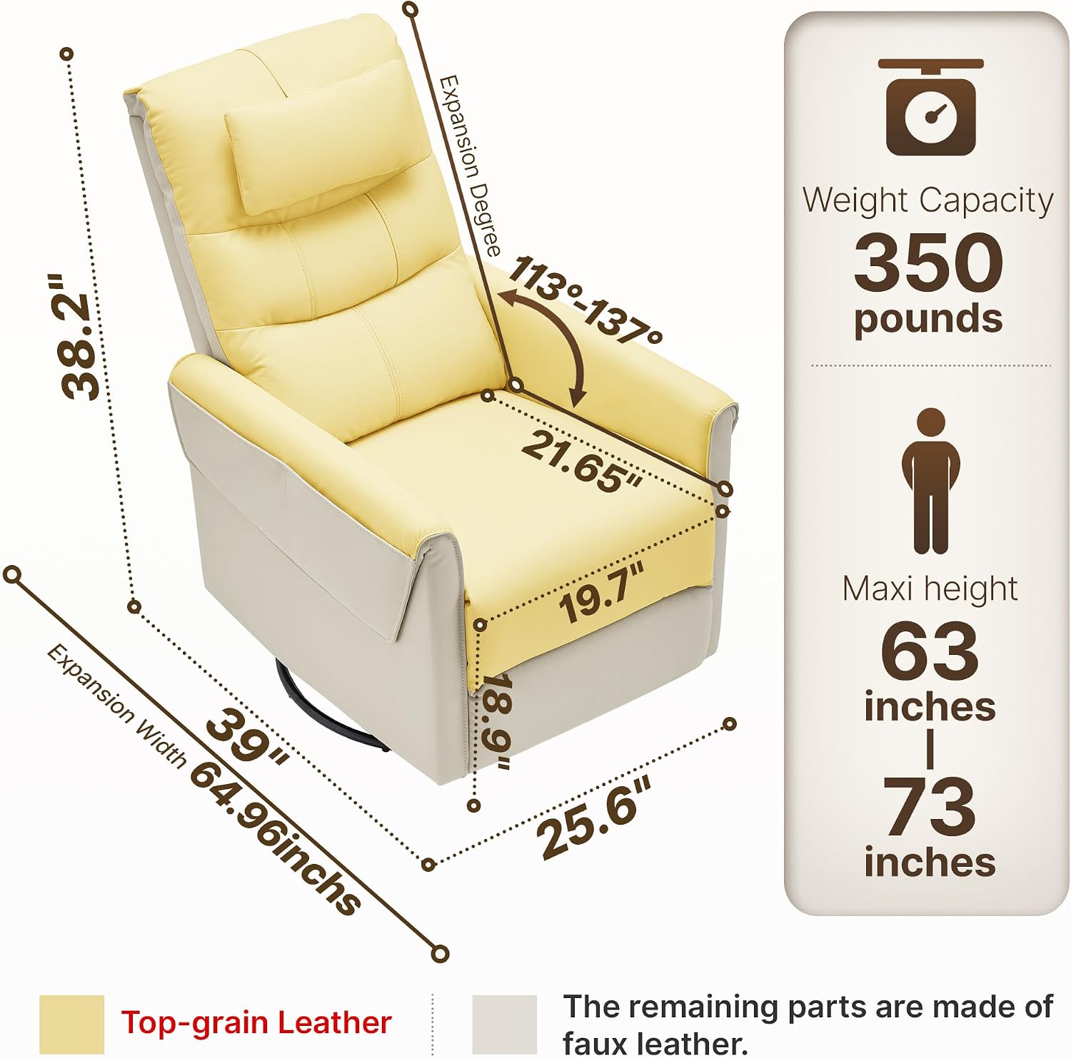 AIRSKY Leather Recliner Chair, Top Grain Leather, Italian Water-Washing Process, Rocking Chair Nursery,Swivel Rocker Recliner, Nursery Rocking Chairs,Movable Headrest,Living Room Chair, Beige,R3