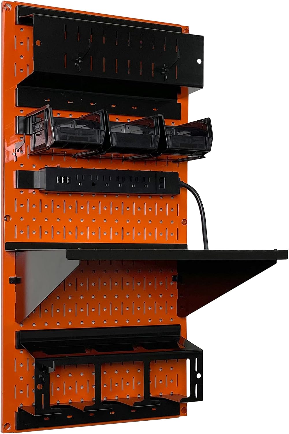 Wall Control Power Tool Storage Organizer Kit Cordless Drill Holder Charging Station Rack 16' x 32' Metal Pegboard Organization System (Orange Pegboard)