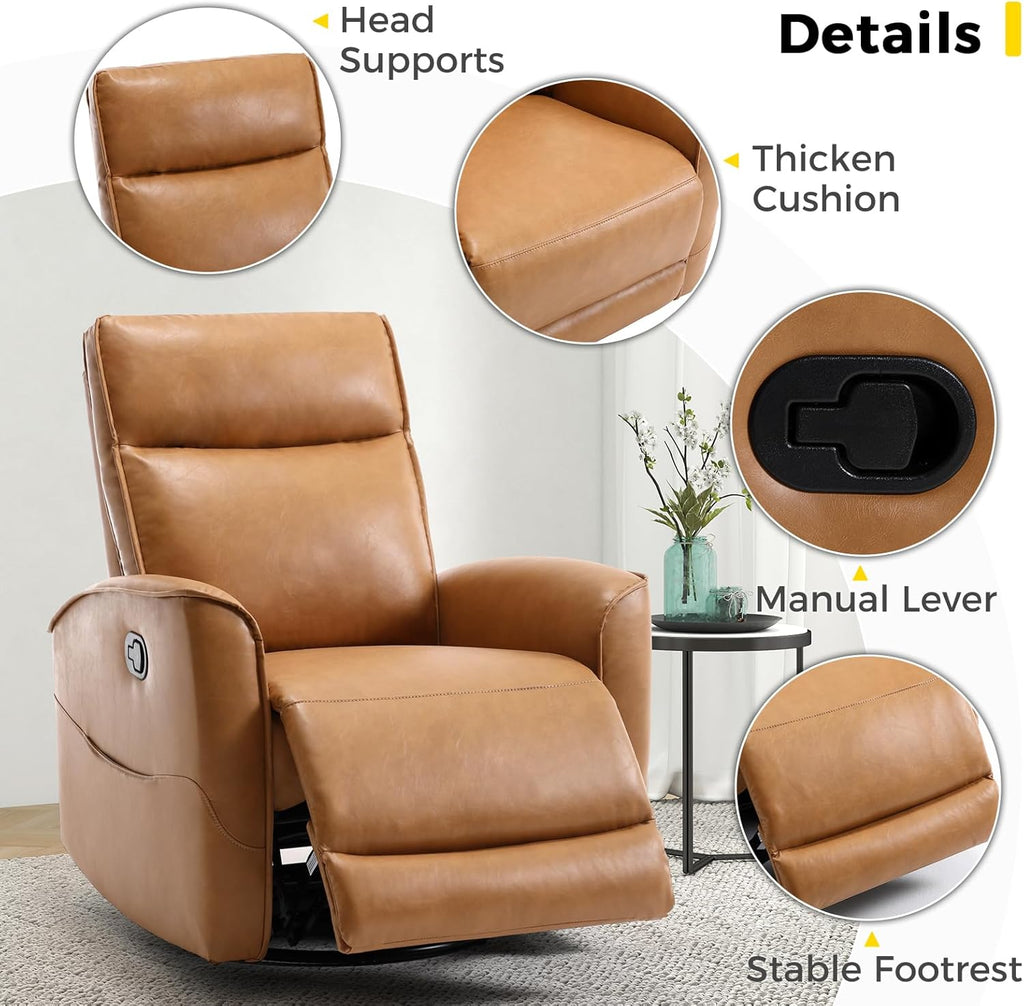 ANJ Manual Swivel Rocker Recliner, Glider Recliners with Padded Armrest and Backrest, Soft Faux Leather Nursery Rocking Recliner Chair Reclining Sofa for Living Room