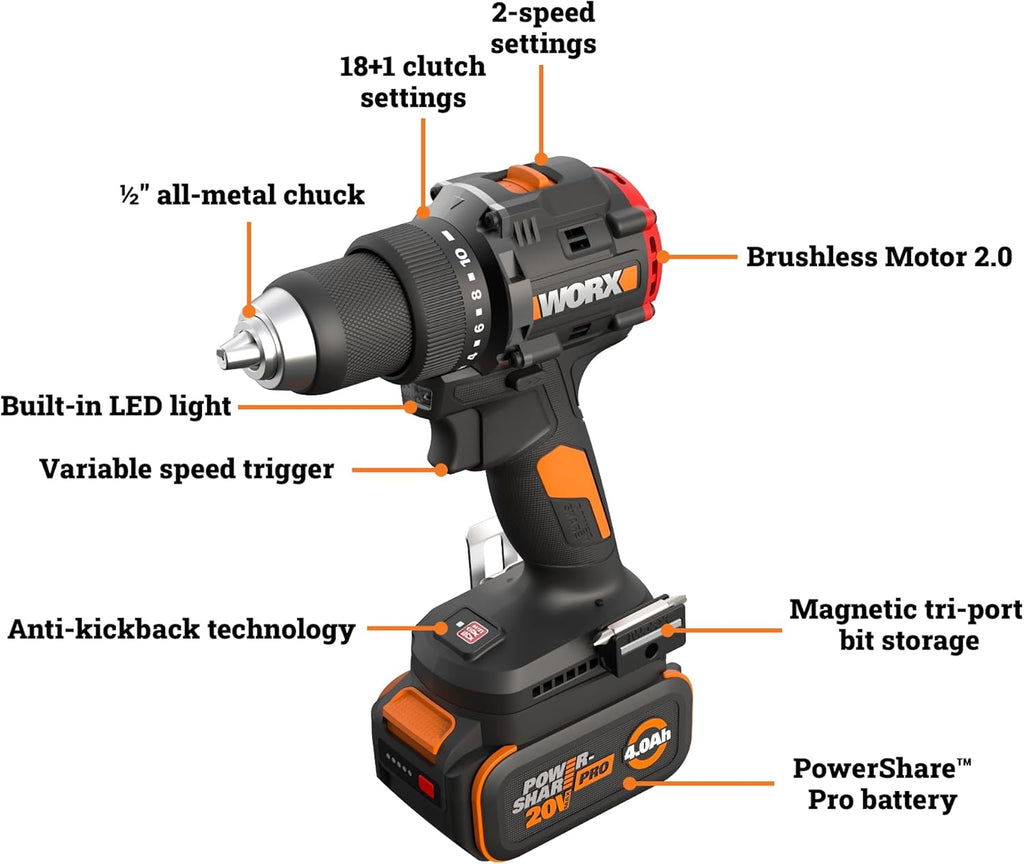 WORX Cordless Drill Driver, 20V 930 in·lbs Brushless Power Drill Driver, Powerful and Faster Drilling and Driving, Compact 6.3' length, 20V 4.0 Ah Battery and Charger Included, PowerShare