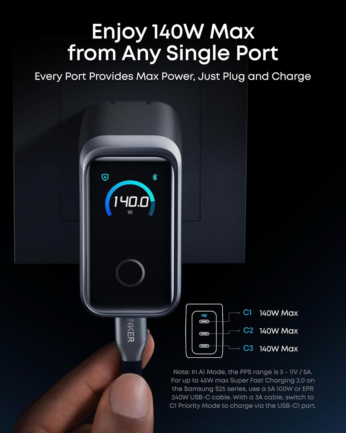 Anker Prime Charger,160W 3-Port Compact GaN USB C Charger,Smart Display and Touch Control,Up to 140W Single‑Port Fast Charging,for MacBook Pro,Laptop,iPhone 17 Series(Cable Not Included,Non-Battery)