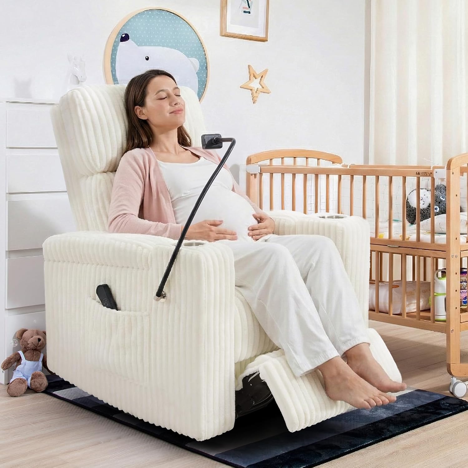 Power Recliner Chair Swivel Glider Rocking Chair Nursery Skin-Friendly Electirc Rocker Nursery Chair with Phone Holder, Hidden Storage, USB Charging, Corduroy Beige