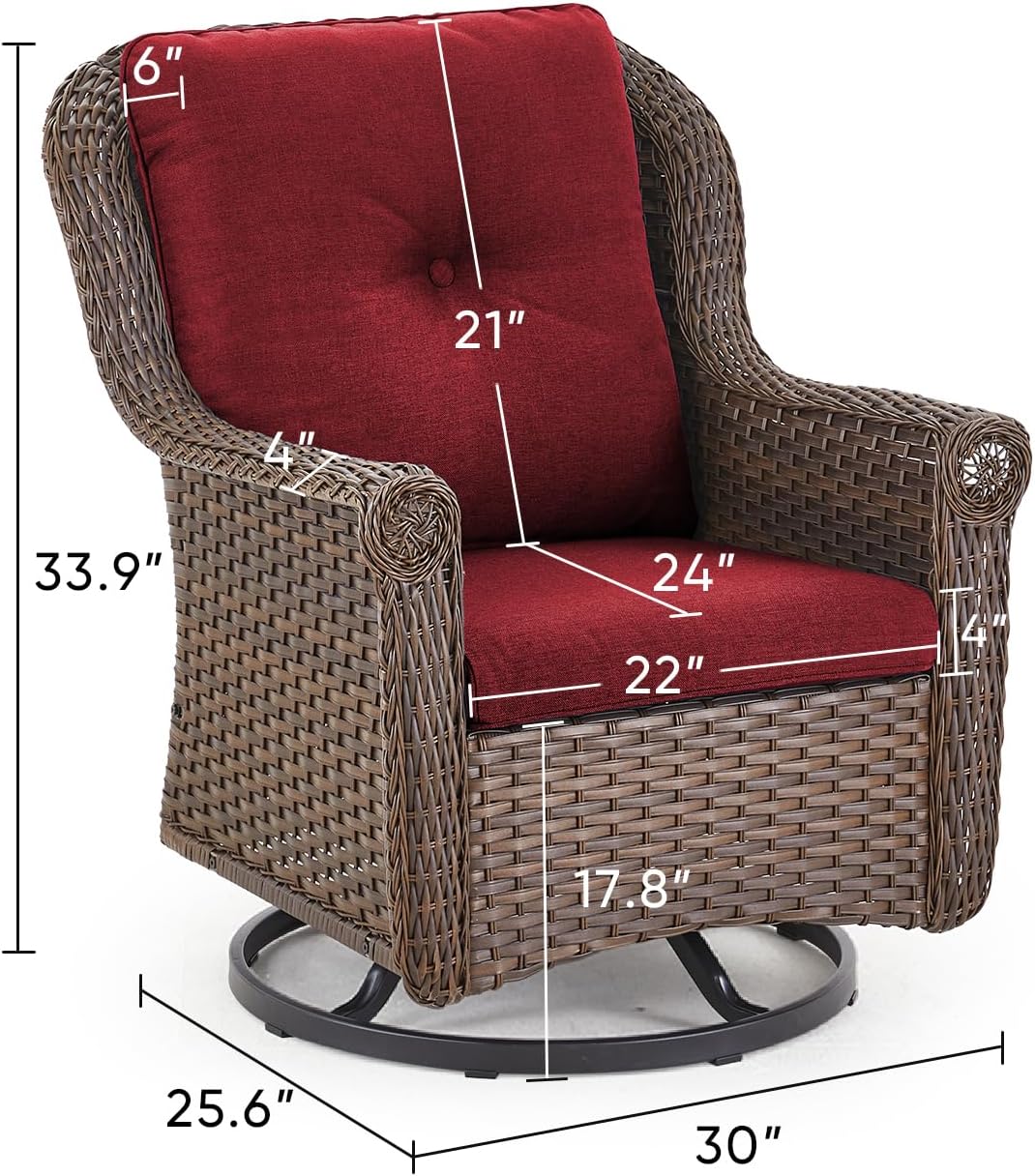 Patio Chairs Outdoor Swivel Glider - Set of 2 High Back Outside Brown Wicker Rattan Rocking Chair with Thick Cushion for Porch Apartment Deck Yard Poolside Garden - Red
