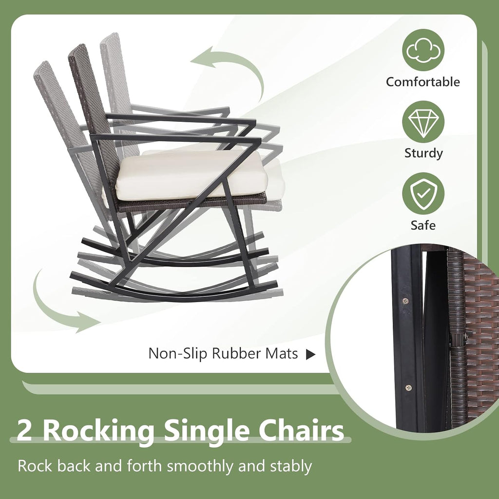 Tangkula 4 Piece Patio Rocking Furniture Set, Patiojoy Heavy Duty PE Wicker Loveseat with 2 Rocking Chairs & 1 Coffee Table, Outdoor Rattan Conversation Set for Porch, Poolside, Balcony