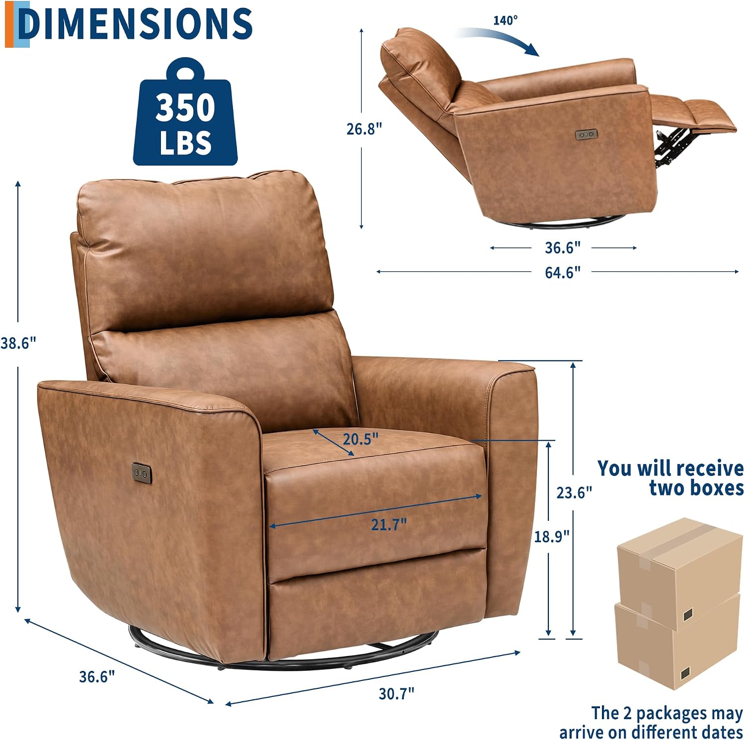 IDEALHOUSE Swivel Rocking Nursery Recliner Chair Rocker Recliner Glider Deep Seat PU Leather Sofa Chair with high Backrest for Nursery, Living Room, Bedroom & Home Movie Theater (Camel)