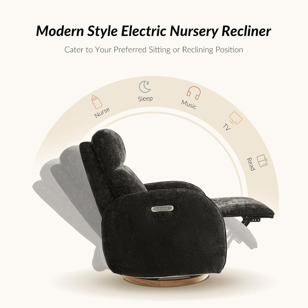 HULALA HOME Glider Recliner Nursery Chair with Adjustable Headrest and Lumbar Support, Modern Power Recliner with USB Port and Nightlight, Swivel Rocker Glider for Nursing Room Bedroom, Black