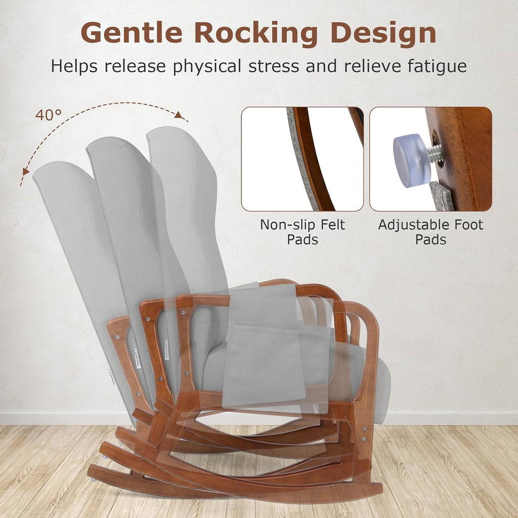 GOFLAME Nursery Rocking Chair with Ottoman, Upholstered Glider Rocker with Tufted High Backrest and Side Pocket, Modern Accent Chair with Footrest, Comfy Armchair for Living Room, Bedroom, Grey