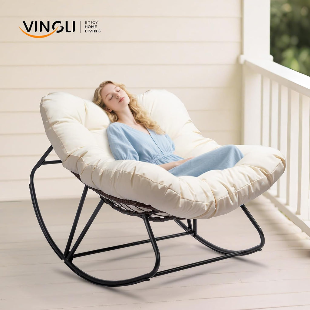 VINGLI Papasan Rocking Chair, Iron Frame Wicker Patio Chair with Thick Cushion, Indoor Outdoor Rocker for Bedroom, Porch, Garden, Beige