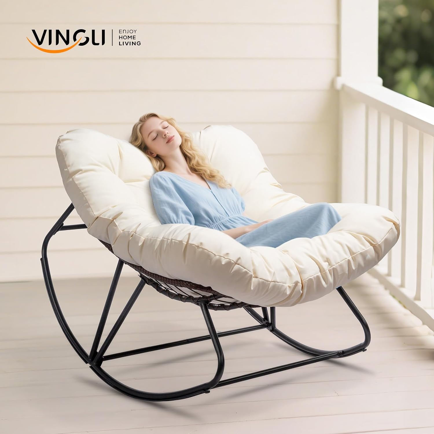 VINGLI Papasan Rocking Chair, Iron Frame Wicker Patio Chair with Thick Cushion, Indoor Outdoor Rocker for Bedroom, Porch, Garden, Beige