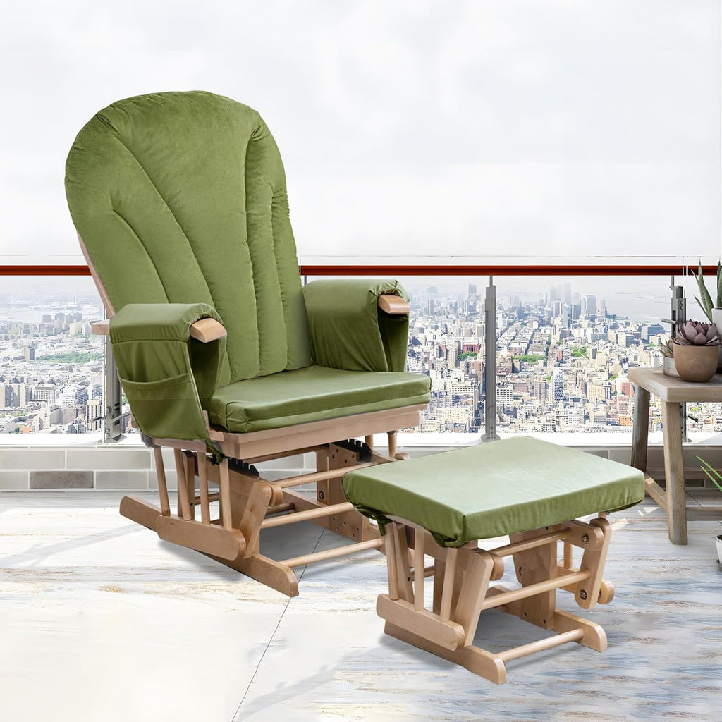 ANMINY 5pcs Glider Rocker Replacement Cushions Set Pack of 2 - Thickened Velvet Glider Rocking Chair Cushions with 29 inch High Backrest & Side Pockets for Indoor Nursery, Washable & Non Slip, Green