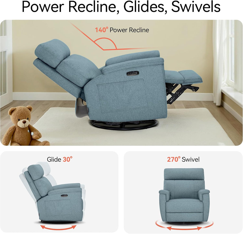 MCombo Oversized Swivel Glider Rocker Recliner with Adjustable Headrest, Dual Motor Power Recliner for Nursery, Led Nightlight, Fabric PR601 (Pacific Blue)