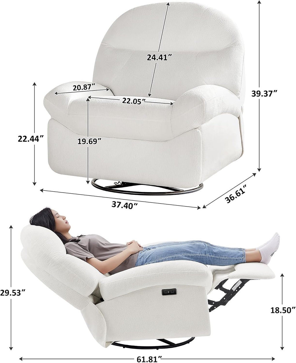 VANOMi Power Recliner Chair with USB & Type-C Charging, 270° Swivel Glider Rocker, Electric Nursery Recliner for Living Room, Bedroom, and Office, White