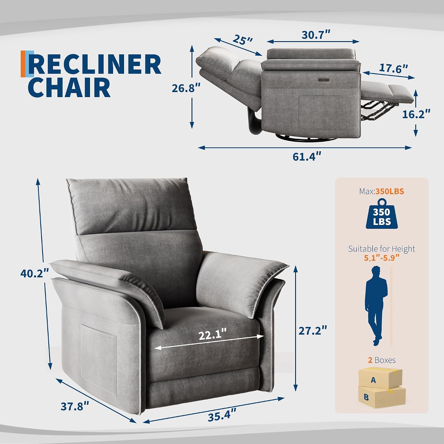 GarveeHome Power Recliner Chair, 270 °Swivel Rocking Glider with USB Charging Port, Chenille Upholstered Fabric and Double-Layer Armrests, Nursery Chair for Living Room, Nursery (Gray)