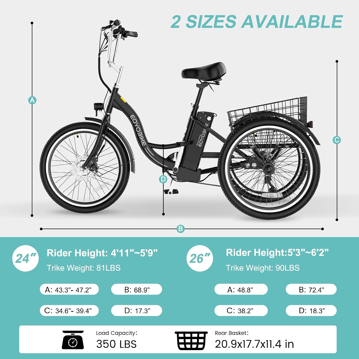 Electric Tricycle for Adults Seniors, 24/26 Inch 3 Wheel E-Trike, 350W Motor (700W Peak), Removable 36V Battery, Up to 15.5MPH, 25-60Mile Range, Low Step-Through, Rear Basket, 350lbs Capacity, 7 Speed
