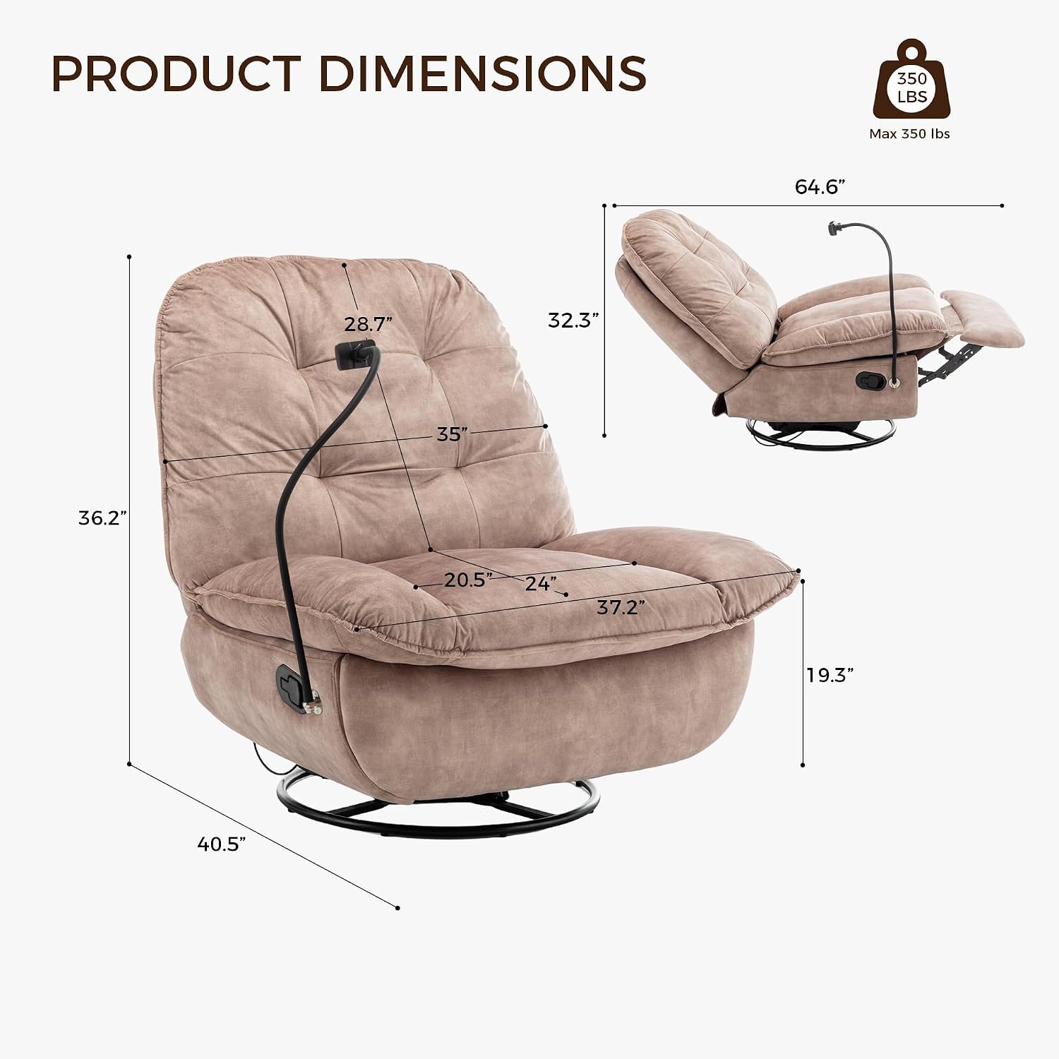 Swivel Rocker Recliner Chair for Adult, Glider Nursery Rocking Chair, Armless Manual Single Recliner Sofa for Living Room, Oversized & Overstuffed, Phone Holder Included, Light Brown Velvet