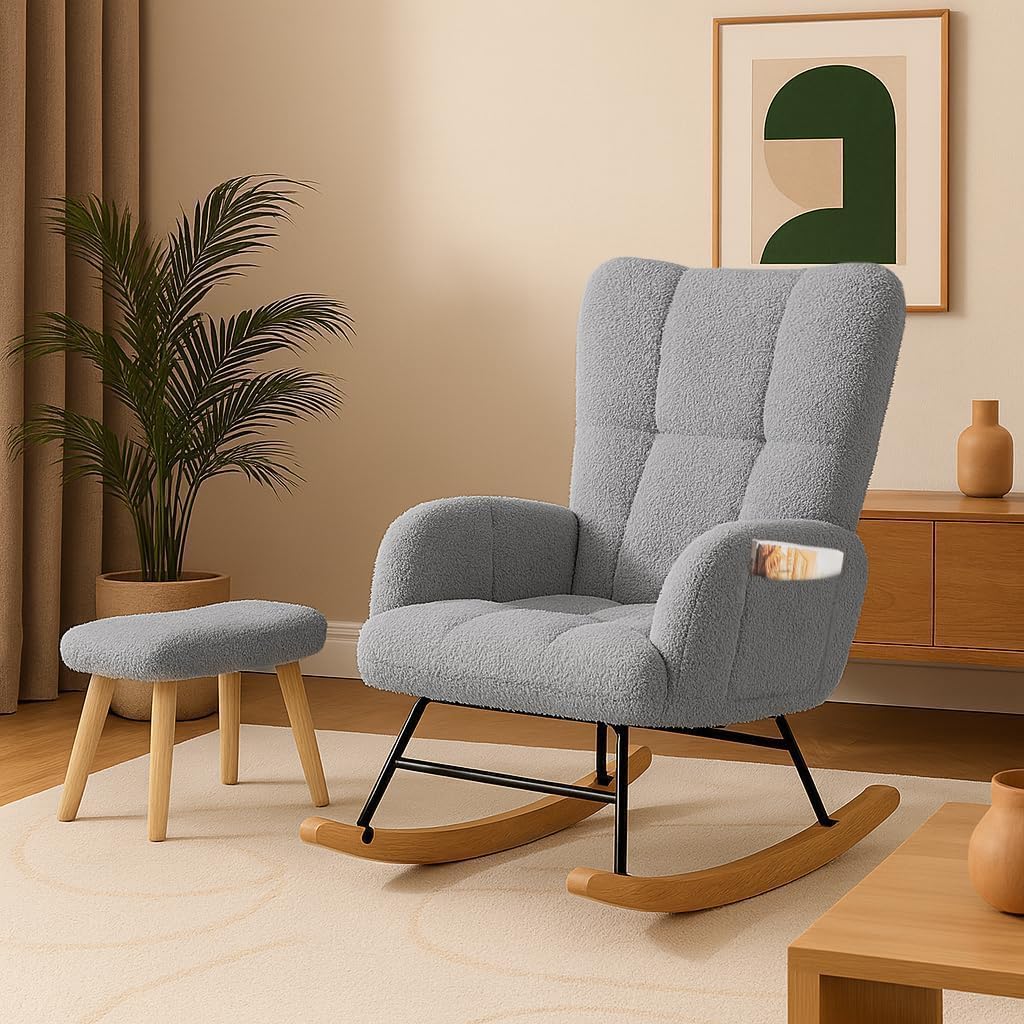 COMHOMA Nursery Rocking Chair with Ottoman, Teddy Glider Rocking Chair, Accent Chair with High Backrest Reading Chair for Adult, Nursery, Bedroom, Living Room, Offices (Gray with Ottoman)