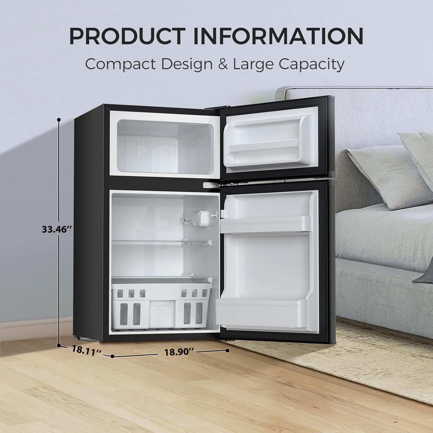Kismile Mini Fridge with Freezer,3.2 Cu.Ft Compact Mini Refrigerator with Double 2 Door,Adjustable Temperature,Full Size for Home,Kitchen,Dorm,Apartment,Retro Black