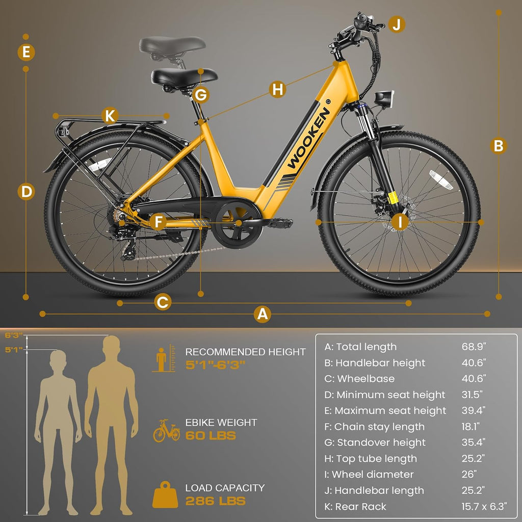 Wooken 26' Electric Bike for Adults, 749W Peak Commuter Ebike with 48V 10.4Ah/15Ah Removable Battery, Step Through E-Bike 7 Speed City Electric Bicycles for Women Men