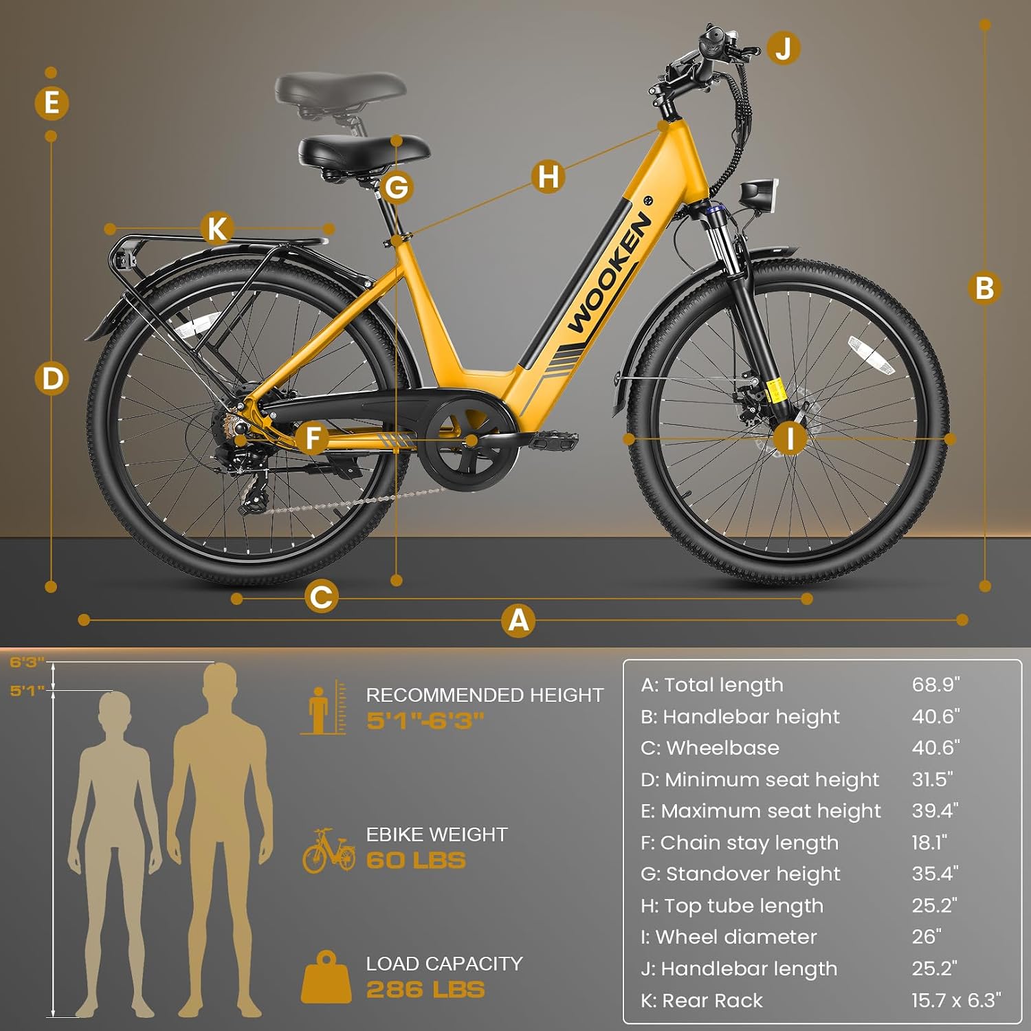 Wooken 26' Electric Bike for Adults, 749W Peak Commuter Ebike with 48V 10.4Ah/15Ah Removable Battery, Step Through E-Bike 7 Speed City Electric Bicycles for Women Men