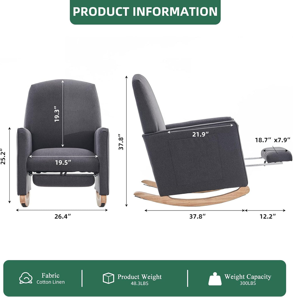 Rocking Chair Nursery with Foot Rest, Nursing Rocking Chair with High Backrest, Glider Rocker Chair for Living Room, Bedroom, Nursery(Cotton Linen Dark Gray)