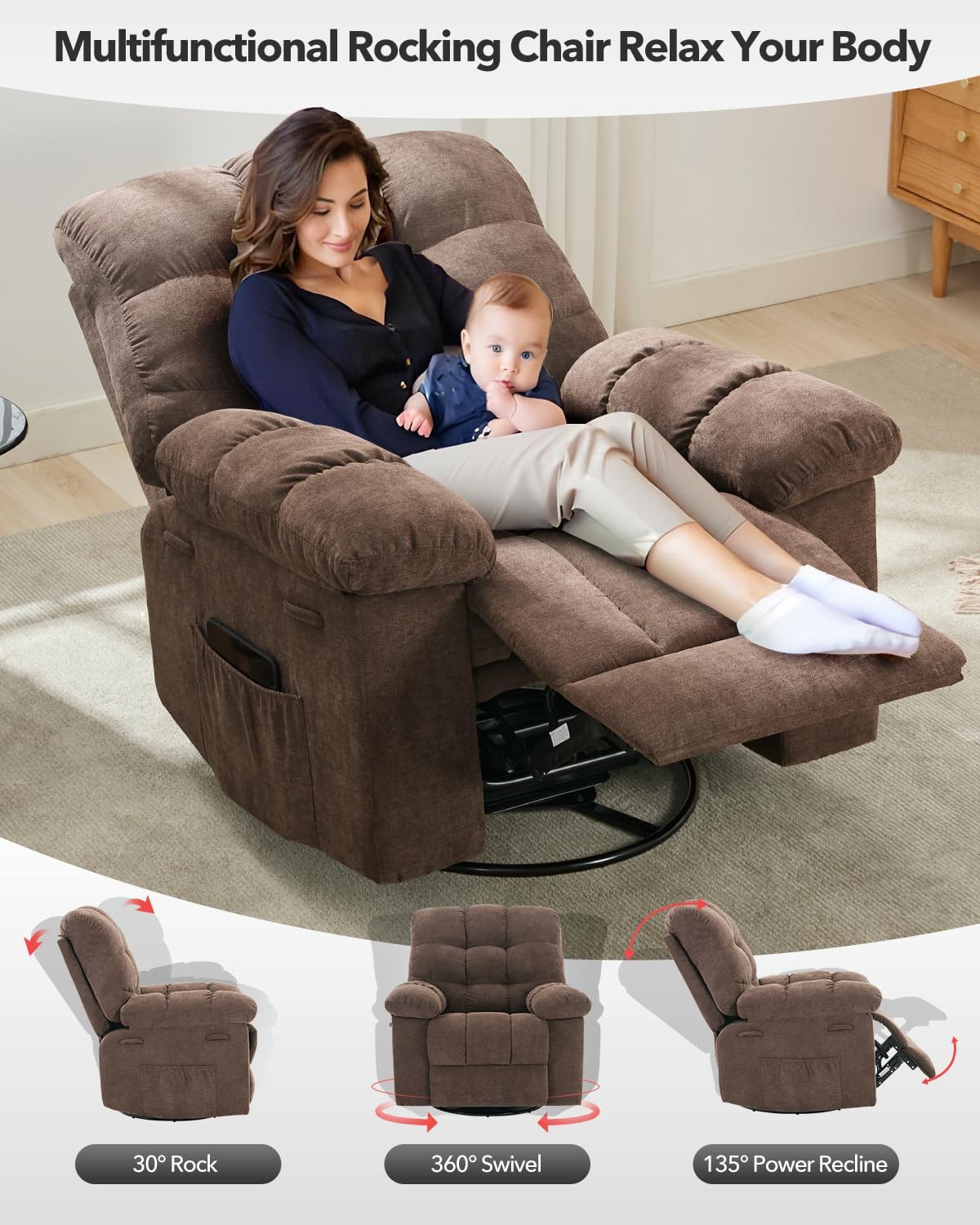 Rocking Recliner Chair,360° Swivel,30° Rocking,135° Tilt,Chenille Upholstery,Q235 Steel Frame Glider Nursery Chair for Small Spaces