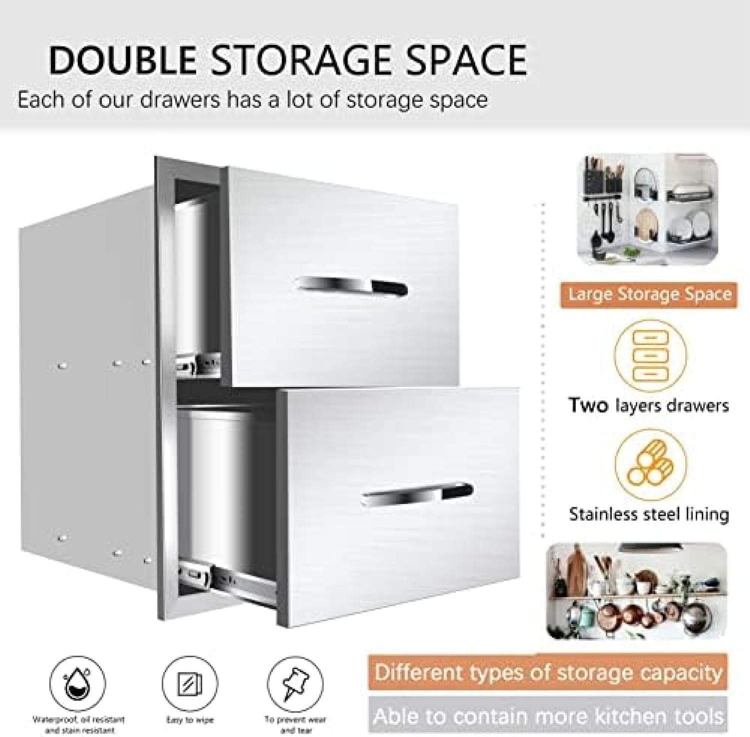 Stainless Steel Double Drawers for Outdoor Kitchen Grilling Station - Horizontal, 14Wx23Dx15H