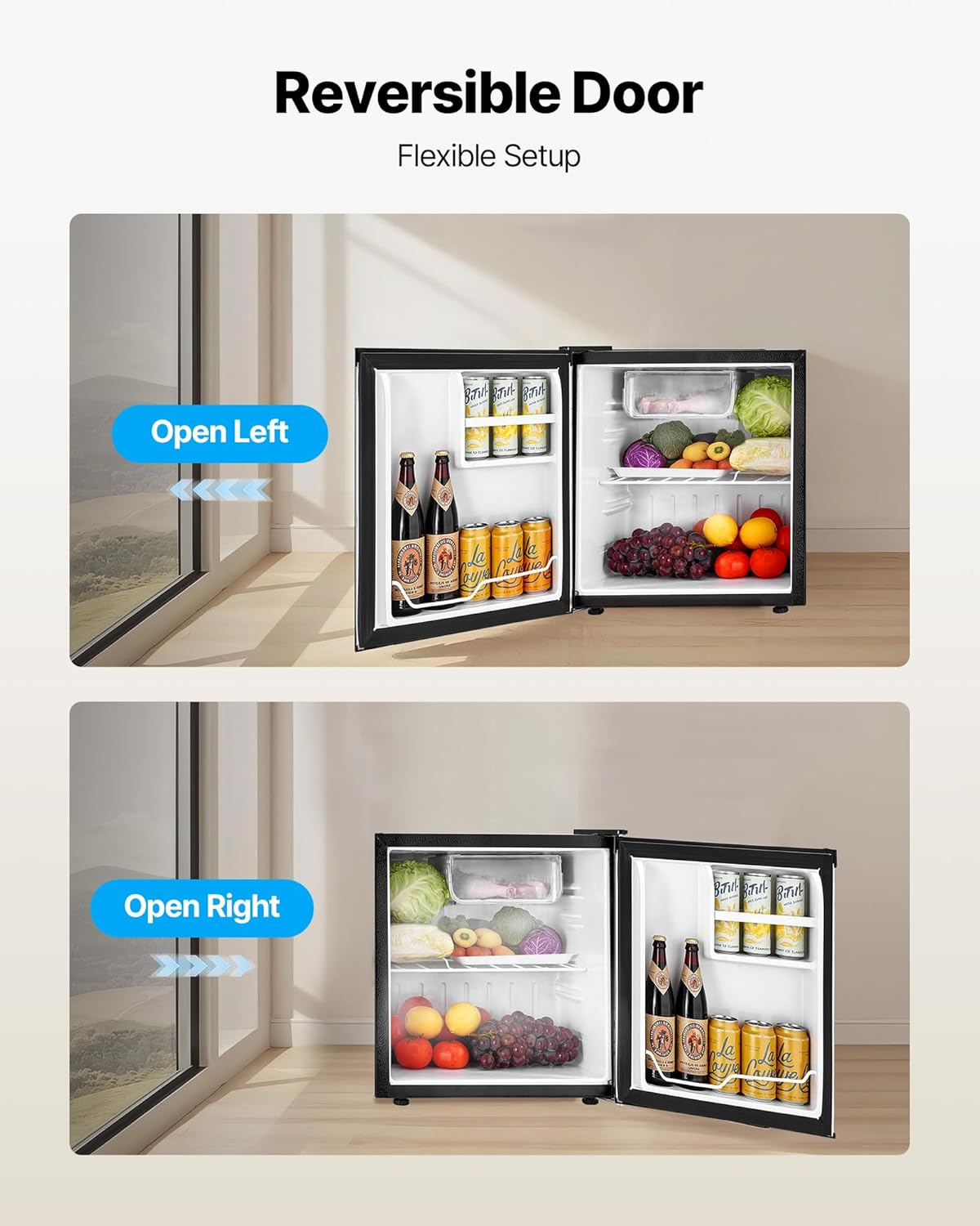 VEVOR Mini Fridge with Freezer, 1.6 Cu.Ft Compact Refrigerator, 7 Mode Adjustable Temperature, Energy Efficient Small Refrigerator, Reversible Door, Low Noise, for Bedroom, Office, Brushed Stainless