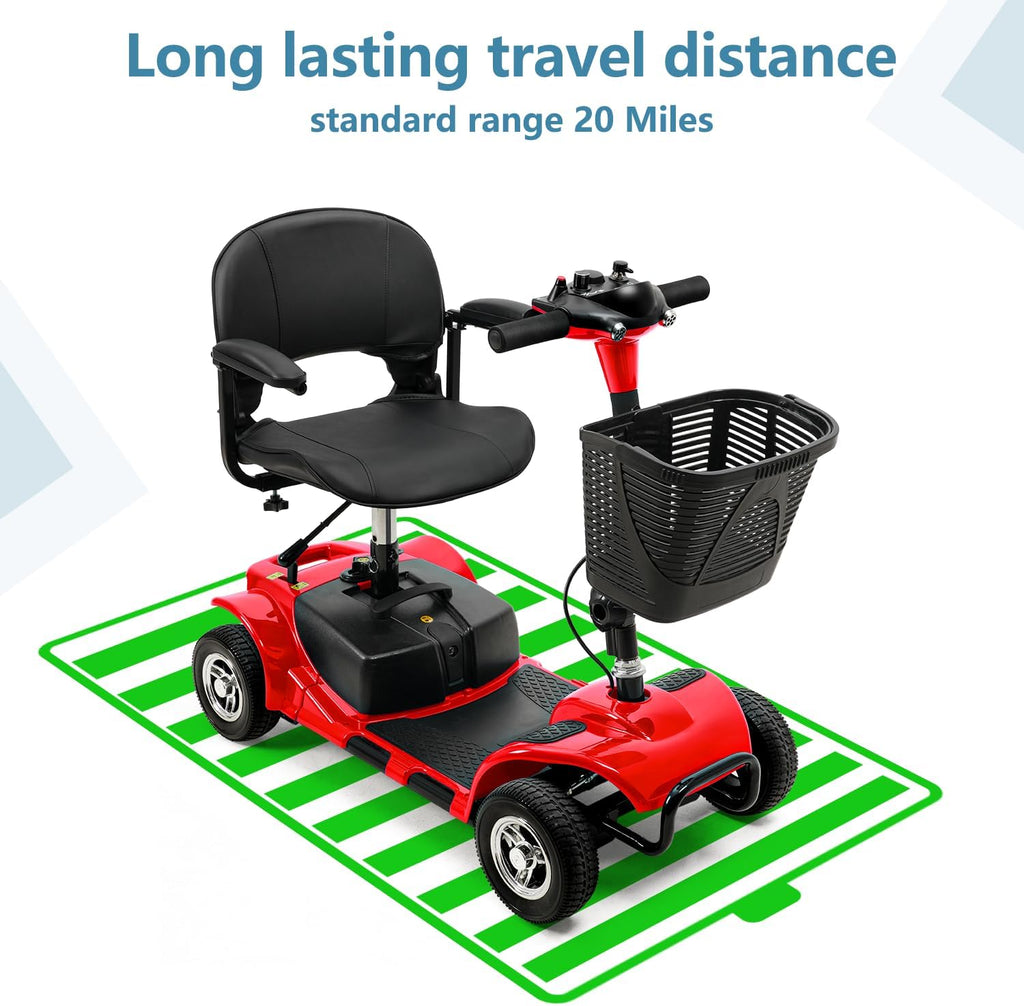 4 Wheel Mobility Scooters for Adults，Collapsible Compact Electric Scooter，Heavy Duty Powered Mobile Wheelchair Device with Lights，Basket and Long-Lasting Battery（Red）