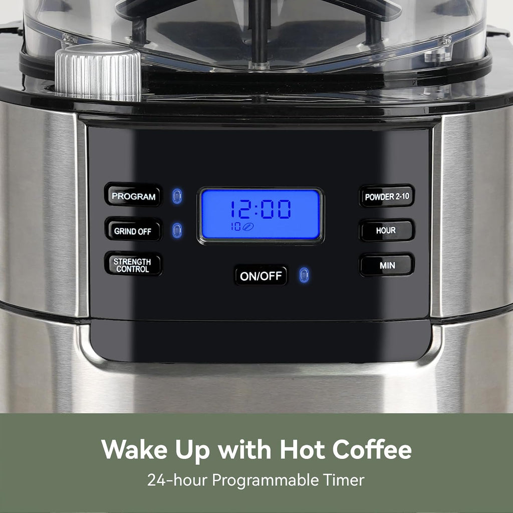 Gevi 10-Cup Drip Coffee Maker with Burr Grinder | Programmable Timer, 1.5L Water Tank, Reusable Filter, Warming Plate, All-in-One Brew & Grind Coffee Machine