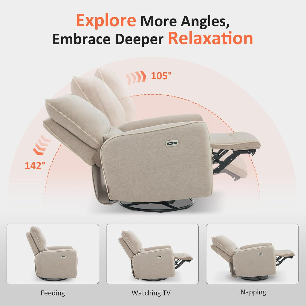 MCombo Swivel Glider Rocker Power Recliner Chair, Electric Swivel Rocker Recliner with USB Charging Ports for Living Room and Nursery, Fabric 6922 (Beige)
