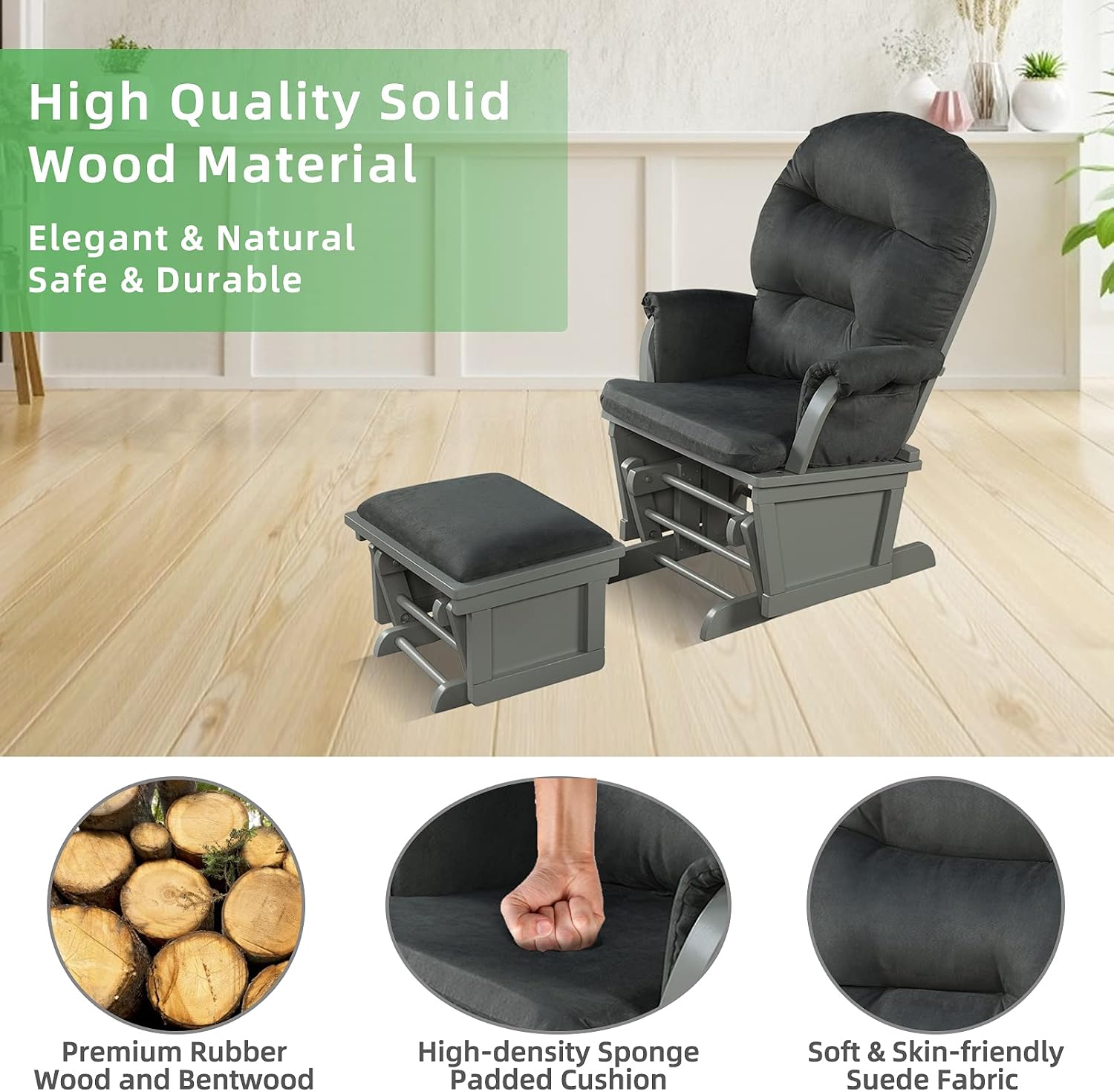 Costzon Baby Glider and Ottoman Cushion Set, Wood Baby Rocker Nursery Furniture for Napping, Nursing, Reading, Upholstered Comfort Nursery Chair w/Padded Armrests & Detachable Cushion (Dark Grey)