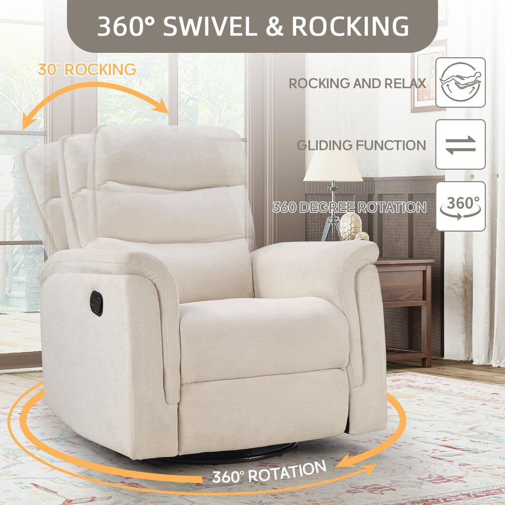 INZOY Swivel Rocker Recliner, Nursery Glider Chair, Manual Chairs Swivel Glider Recliners with Soft Backrest, Fabric Manual Reclining Sofa for Living Room Bedroom Apartment, Beige