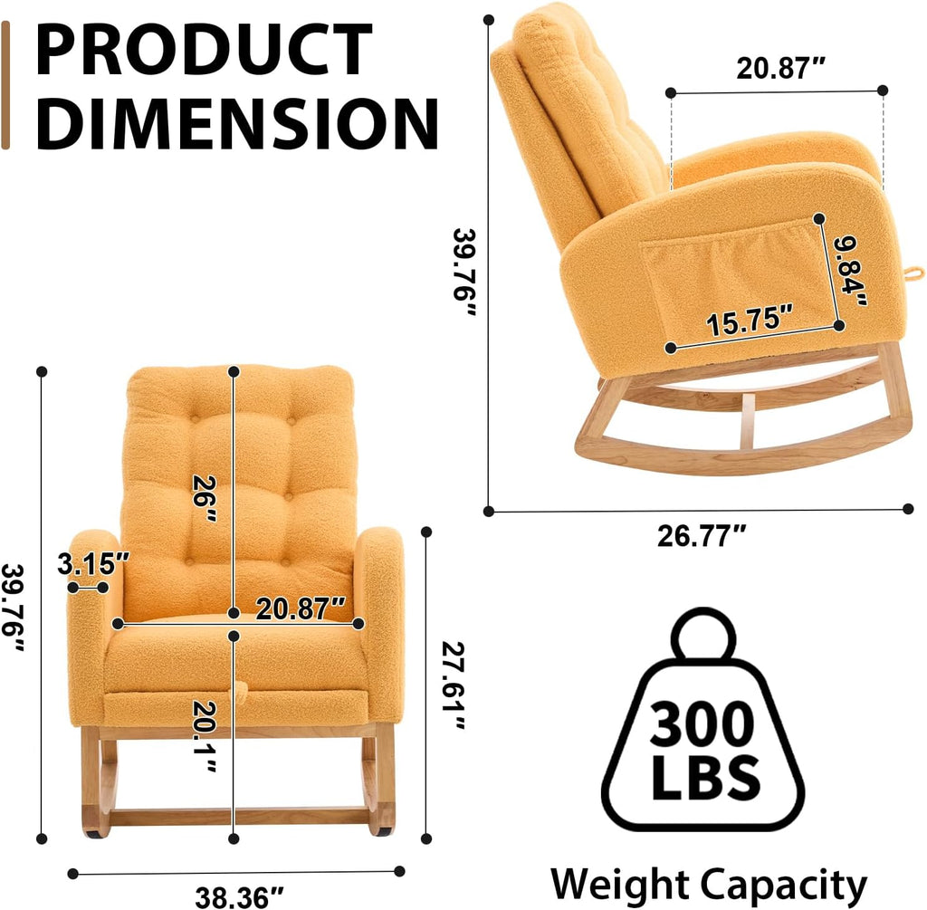 Nursery Rocking Chair with Retractable Footrest,Accent Rocker for Relaxing, Side Pocket,A+ Grade Rubber Wood,Suitable for Living Room,Bedroom and Balcony (Teddy Fleece, Yellow)