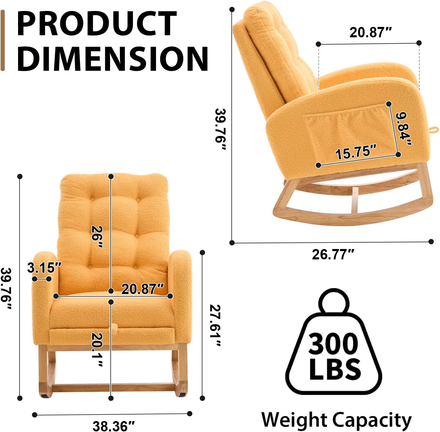 Nursery Rocking Chair with Retractable Footrest,Accent Rocker for Relaxing, Side Pocket,A+ Grade Rubber Wood,Suitable for Living Room,Bedroom and Balcony (Teddy Fleece, Yellow)