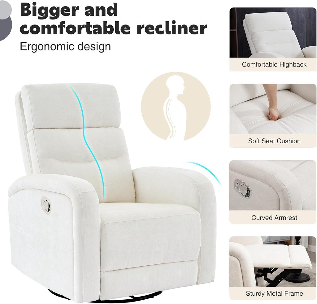 Swivel Rocker Recliner for Nursery, Upholstered Swivel Recliner Chairs, Glider Rocking Chairs Nursery Recliner, White Reclining Rocking Chairs for Living Room, Bedroom, Chenille Fabric