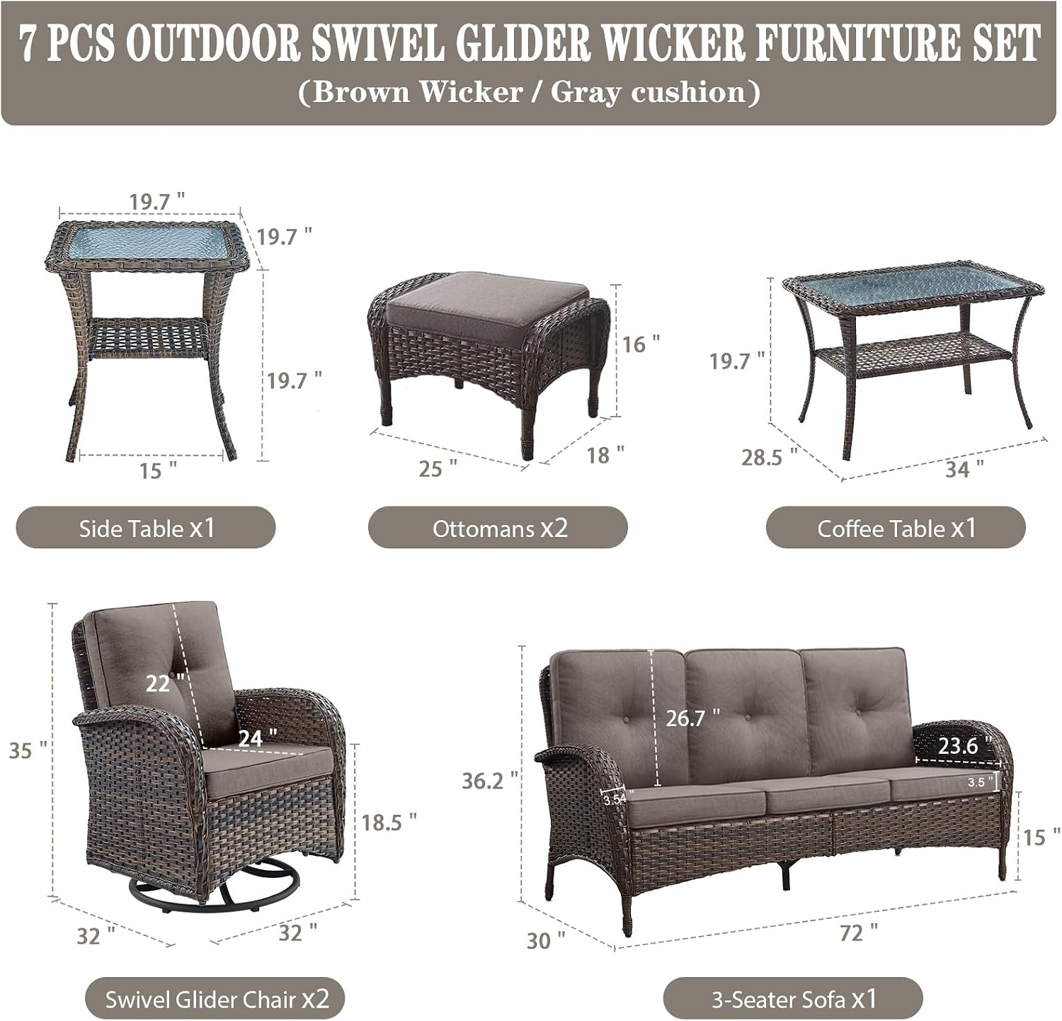 Belord Wicker Outdoor Furniture Set - 7 Piece Patio Conversation Sets with Comfort Swivel Rocker Glider Patio Chairs Set of 2 and Rattan Sofa, Tempered Glass Coffee Table and Side Table,Brown/Gray